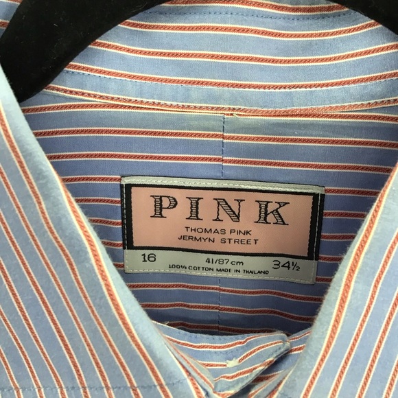 PINK Thomas Pink Men’s Striped Button Down Dress Shirt Career Blue Size 16/34.5 - Picture 4 of 7